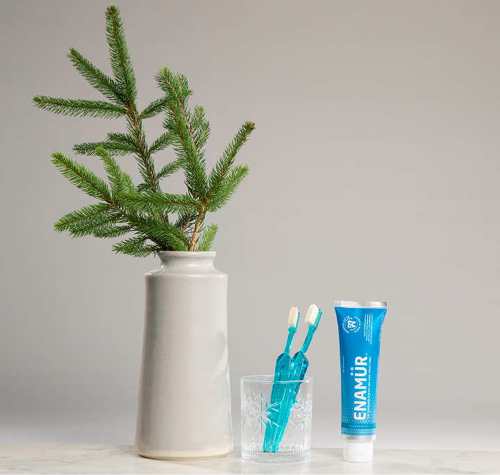 A minimalist setup featuring a gray vase with a pine branch, two turquoise toothbrushes in a glass, and a tube of ENAMUR Peppermint toothpaste