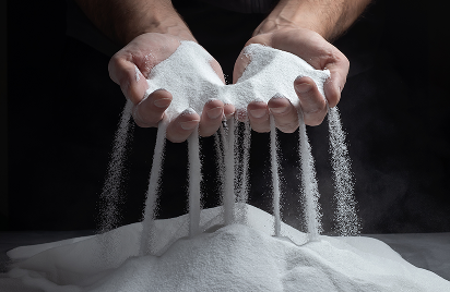 Hands gently pour fine quartz sand onto a growing pile