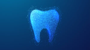 Digital artwork of a glowing blue tooth on a dark gradient background, The tooth appears as a network of interconnected dots and lines